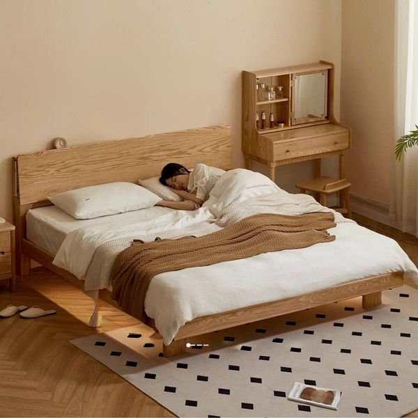 Modern Oak Wood King Bed Nordic Style Night Light Original Factory Oak Wood King Bed with Storage for Bedroom