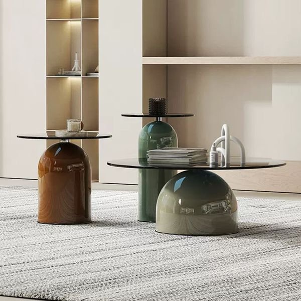 Round Glass Coffee Table Modern Coffee Table Set Minimalist Metal Baking Paint Coffee Table