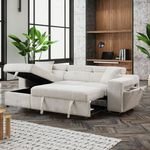 JS Pull Out L Shape Reversible Sofa Bed with Storage Chaise Wireless Charger Sectional Sofa Living Room Furniture