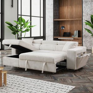 JS Pull Out L Shape Reversible Sofa Bed with Storage Chaise Wireless Charger Sectional Sofa Living Room Furniture
